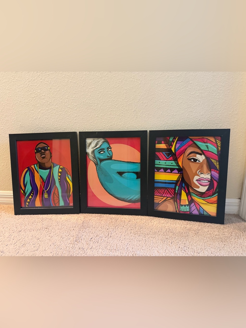 3 Original Hand Painted Pop Art Paintings Biggie Framed 13x16 artwork trio